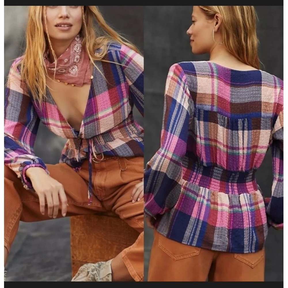 Pilcro Anthropologie Plaid Peplum Top Women Small Pink Combo Boho Smocked Blouse